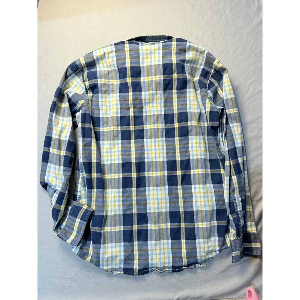 Old Navy Boys Blue Yellow Plaid‎ Button Down Shirt Long Sleeve Stretch